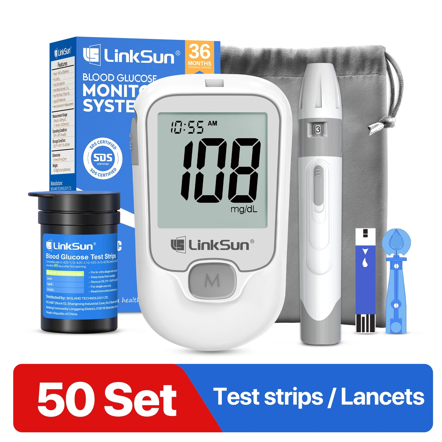 LinkSun G-425-1 Blood Glucose Meter Kit 50/100pcs Test Strips Lancets for Diabetes Monitor Digital Glucometer Blood Sugar Meter