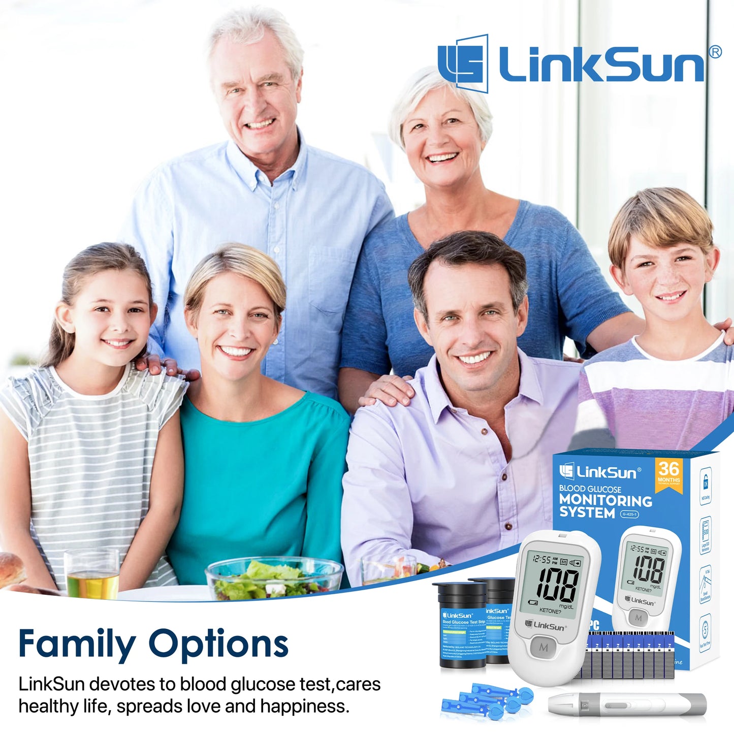 LinkSun G-425-1 Blood Glucose Meter Kit 50/100pcs Test Strips Lancets for Diabetes Monitor Digital Glucometer Blood Sugar Meter