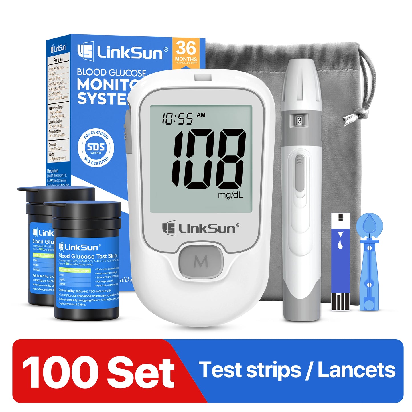 LinkSun G-425-1 Blood Glucose Meter Kit 50/100pcs Test Strips Lancets for Diabetes Monitor Digital Glucometer Blood Sugar Meter