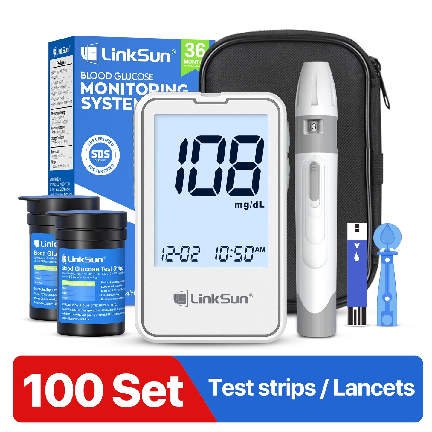 Linksun Blood Glucose Meter G-425-2 50/100 Test Strips Glucosemeter Digital Diabetes Testing Kit Blood Glucose Monitoring System