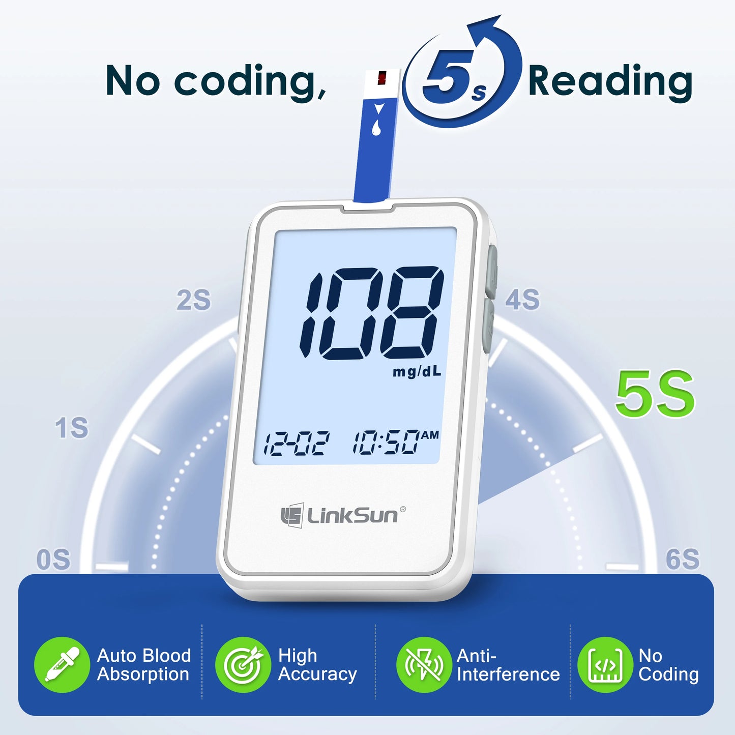 Linksun Blood Glucose Meter G-425-2 50/100 Test Strips Glucosemeter Digital Diabetes Testing Kit Blood Glucose Monitoring System