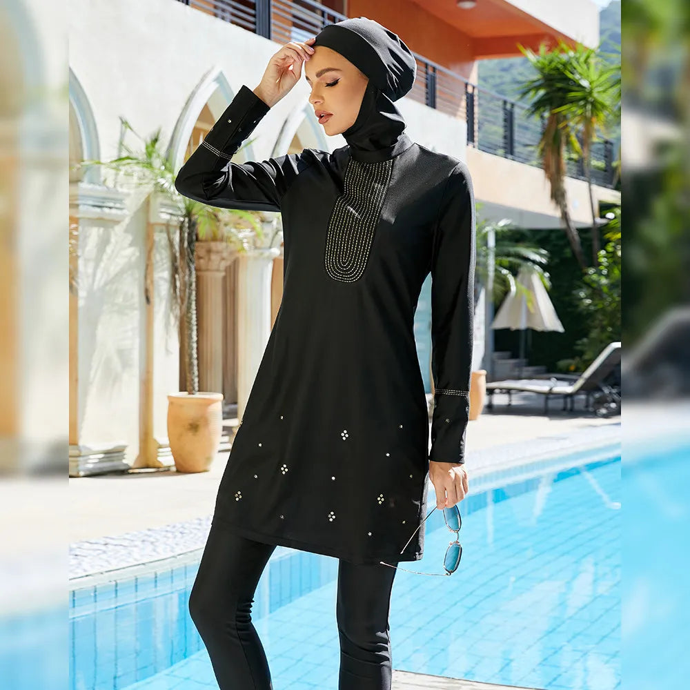 Embroidered Black Burkini 3 Piece Swimsuit