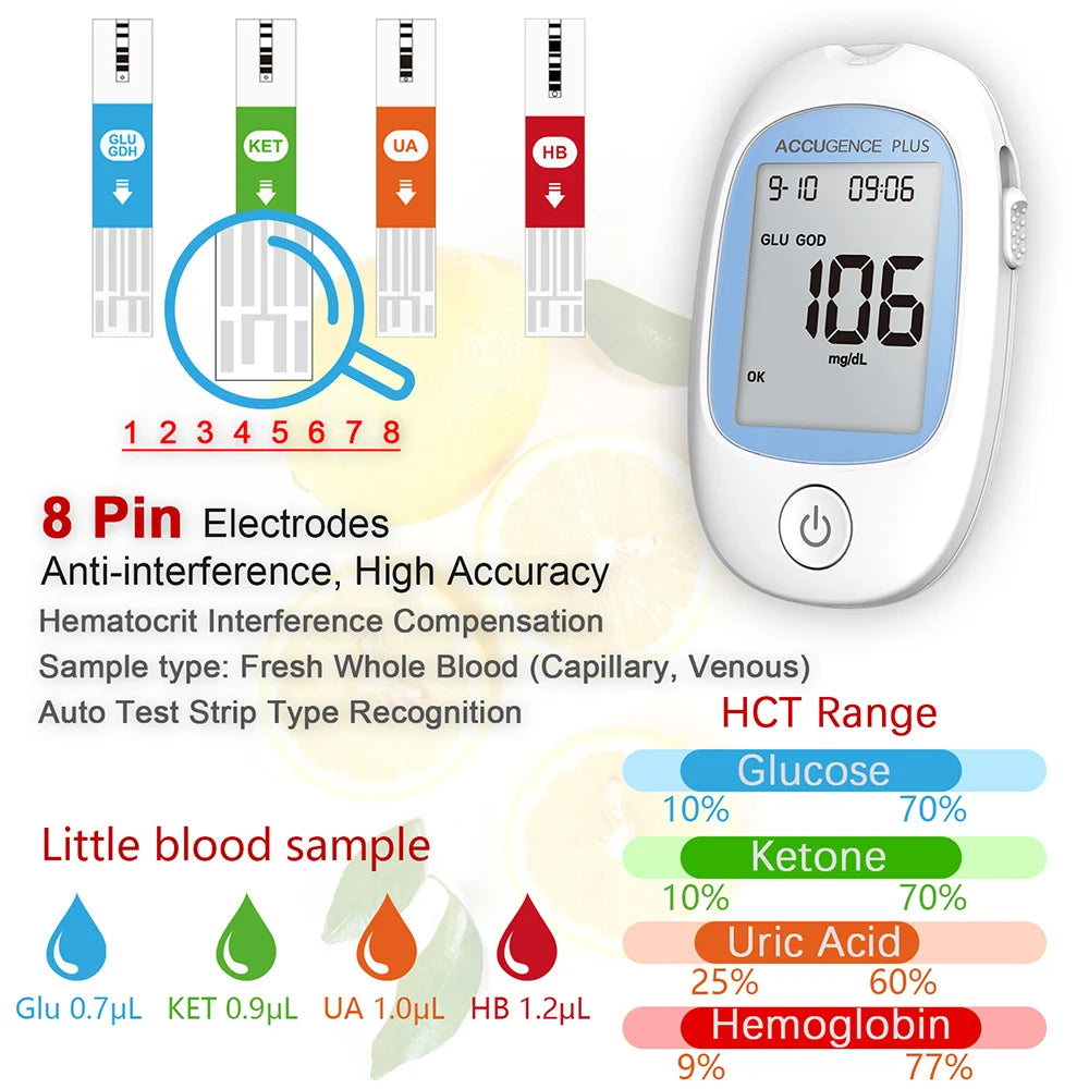 Blood Ketone Hemoglobin Uric Acid Blood Glucose Test Strips Test Strips for PM800 4 in 1 Meter Diabetes Gout HB Anemia Monitor