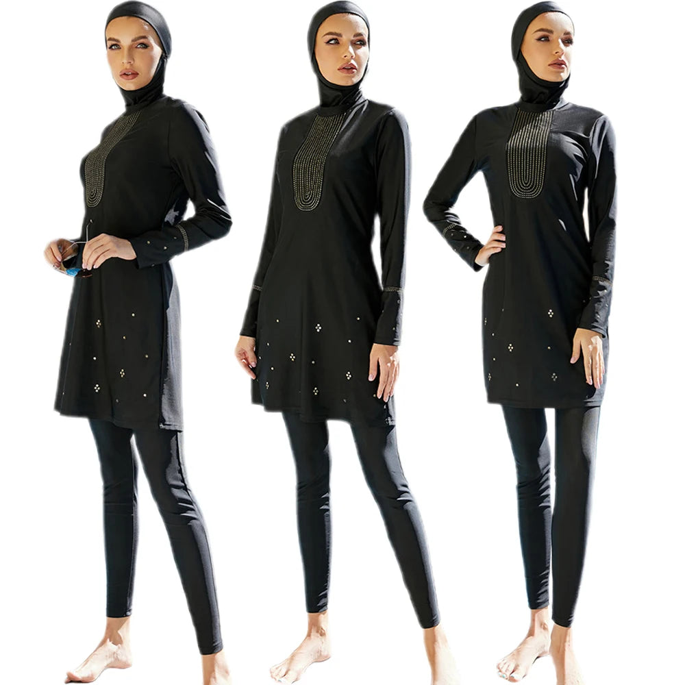 Embroidered Black Burkini 3 Piece Swimsuit