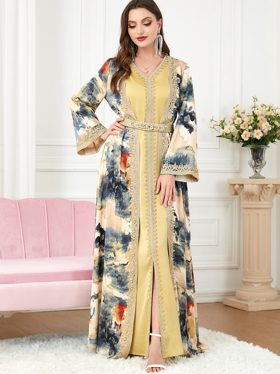 Floral Belted 2 Piece Abaya Set