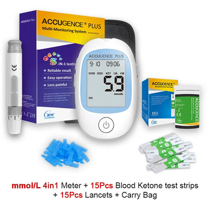 4 in 1 Multifunction Monitor Hemoglobin Blood Ketone Glucose Uric Acid Meter Test Strip HB Anemia Test Blood Sugar Diabetes Gout