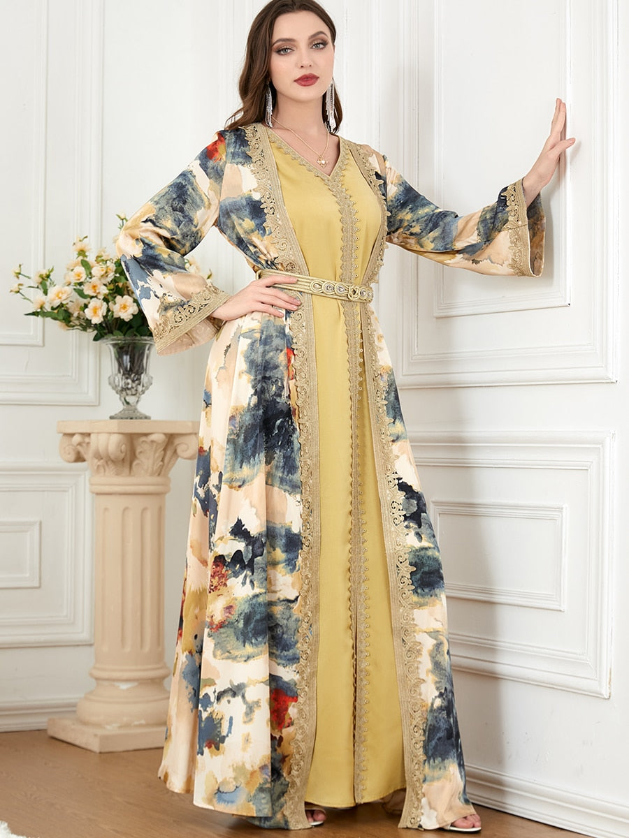 Floral Belted 2 Piece Abaya Set